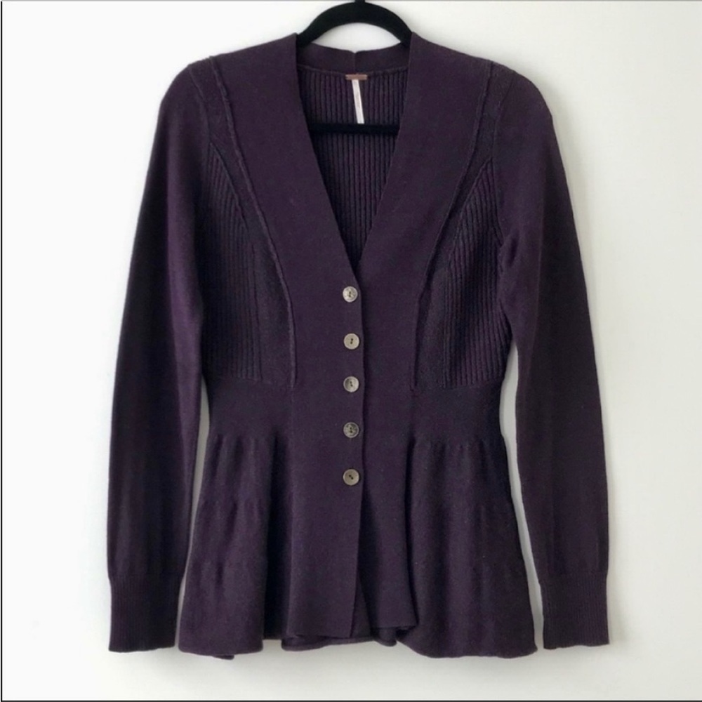 Free People Purple Peplum Long Line Button Down Cardigan Sweater Size L